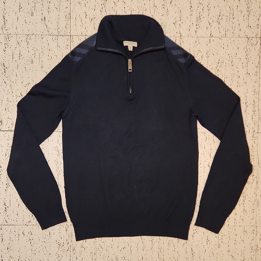 Burberry London Navy Blue 1/4 Zip Extra Fine Merino Wool Knit Pullover Sweater